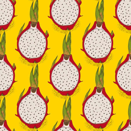 Seamless Pattern with Dragon Fruit or Pitaya in Cross Section on a Yellow Backgroundのイラスト素材