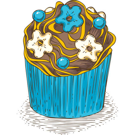 Cupcake with Chocolate Cream and Blue Decoration Elements Isolated on a Whiteのイラスト素材