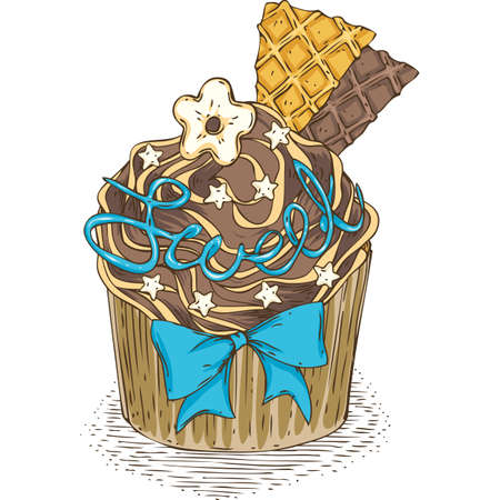 Cupcake with Chocolate Cream and Blue Decoration Elements Isolated on a Whiteのイラスト素材