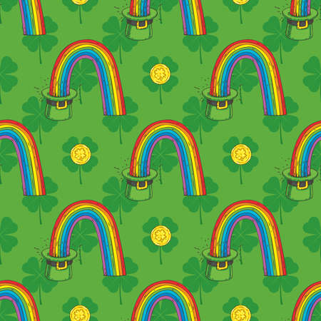 Seamless Pattern with Four Leaf Clover in Flat Style, Leprechaun Hat with Rainbow and Coins on a Green Backgroundのイラスト素材