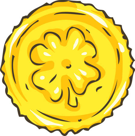 Hand Drawn Golden Coin with Four Leaf Clover Isolated on White Backgroundのイラスト素材