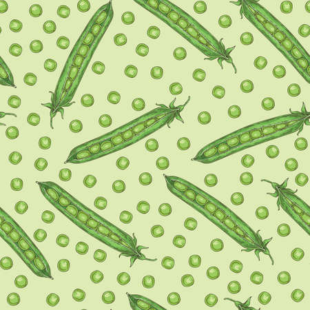 Green Pea Pod and Peas on Light Green Background seamless pattern.のイラスト素材