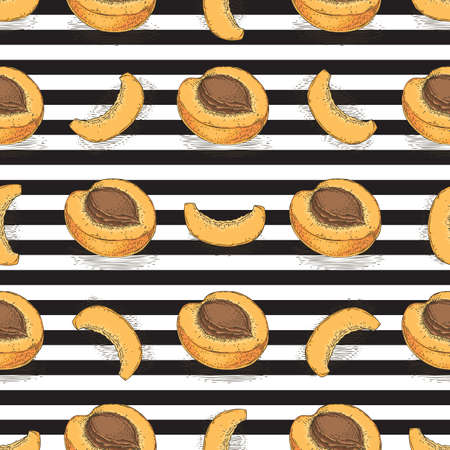 Seamless Vector Pattern. Ripe Apricot in Cross Section on a Striped Black and White Backgroundのイラスト素材