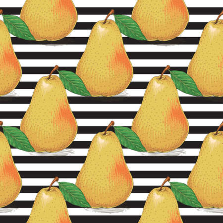 Seamless Pattern with Whole Yellow Pears with Green Leaves on a Striped Black and White Background