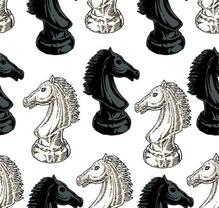Black and White Chessman Knight Seamless Patternのイラスト素材