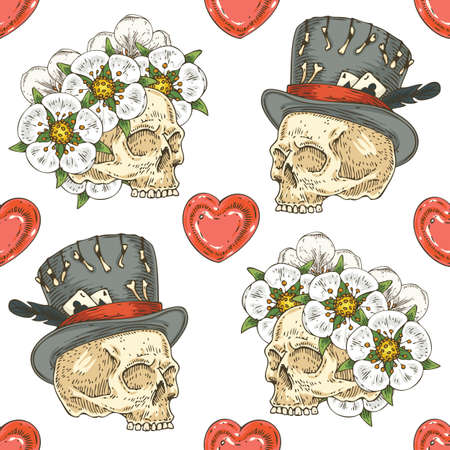 Seamless Pattern with Skulsl and Heartsのイラスト素材