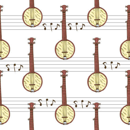 Seamless Vector Pattern. Wooden Banjo and Notes on a White Backgroundのイラスト素材