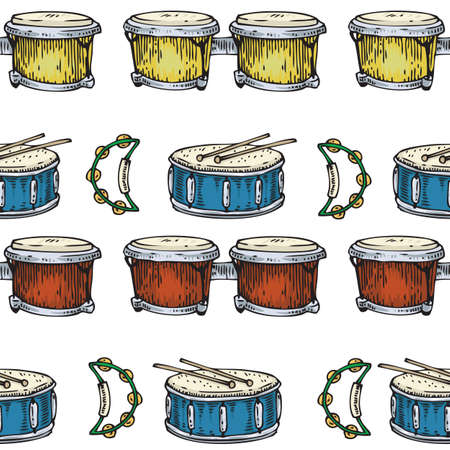 Seamless Vector Pattern with Drums, Bongos, Tambourines on a White Backgroundのイラスト素材