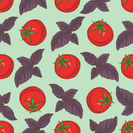 Seamless Pattern. Tomatoes and Basilのイラスト素材