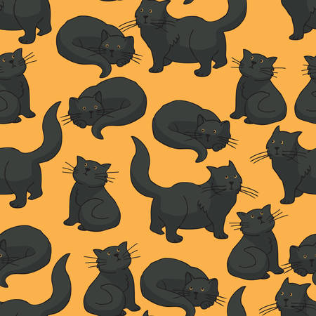 Seamless Vector Pattern with Black Cats on a Orange Backgroundのイラスト素材