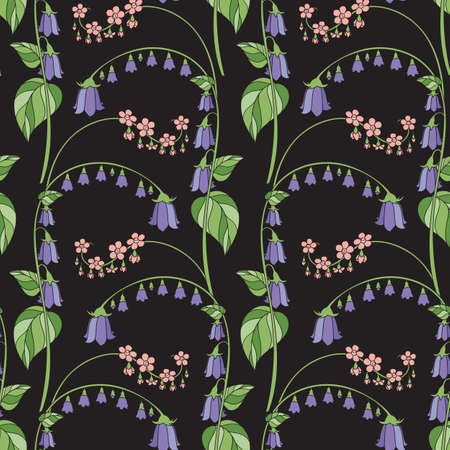 Floral Seamless Pattern with Campanula on Black Background. Vector Illustrationのイラスト素材