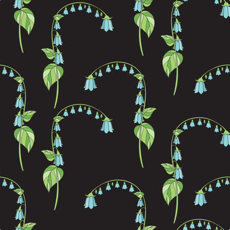 Floral Seamless Pattern with Blue Campanula on Black Background. Vector Illustrationのイラスト素材