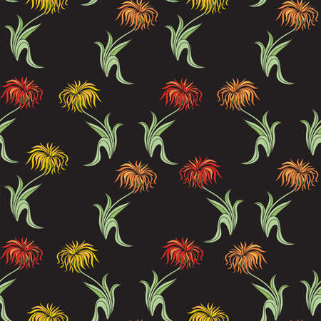 Floral Seamless Pattern with Orange, Yellow and Red Aster Flowers on Black Background. Vector Illustrationのイラスト素材