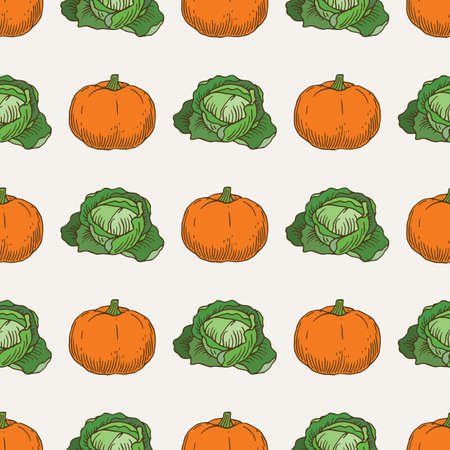 Ripe Orange Pumpkin and Green Cabbage Seamless Pattern on White Background. Vector Iluustration