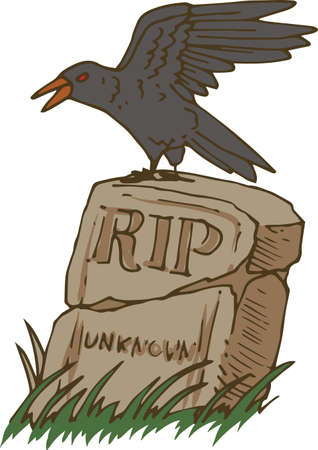 Big Black Crow and Old Unknown Gravestone. Halloween Compositionのイラスト素材