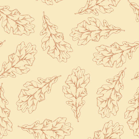 Brown Contours of Dried Oak Leaf Seamless Pattern. Beige Backgroundのイラスト素材