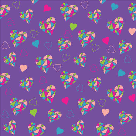 Seamless Vector Pattern with Hand Drawn Color Hearts on Proton Purple Background
