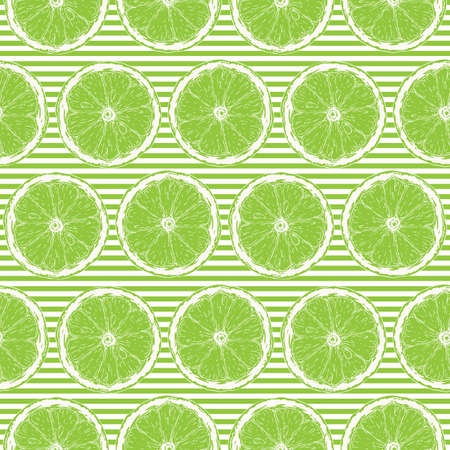 Seamless Pattern with White Contours of Lime Slices on Striped Green and White Background