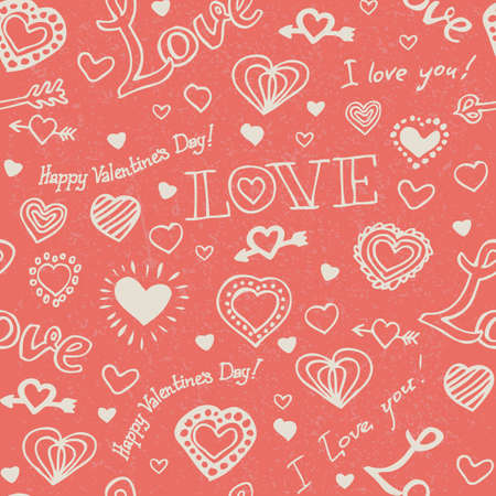 Seamless Vector Pattern with Beige Hand Drawn Hearts and Lettering on Pink Coral Backgroundのイラスト素材