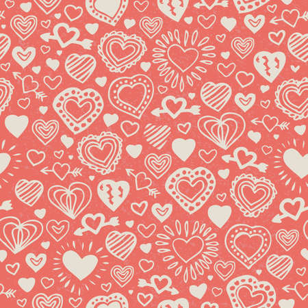 Seamless Vector Pattern with Beige Hand Drawn Hearts on Pink Coral Background