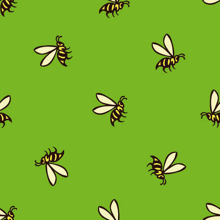 Seamless Pattern with Flying Bees on a Green Backgroundのイラスト素材