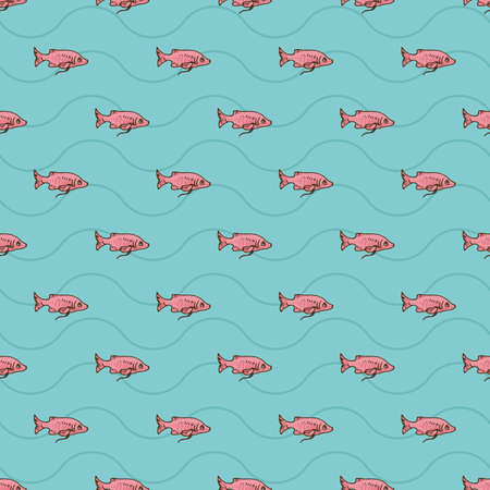 Seamless Pattern with Pink Exotic Fish. Blue Background with Wavesのイラスト素材