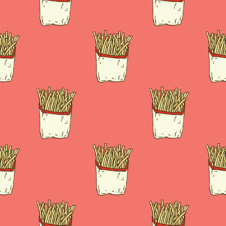 Simple Vector Seamless Pattern French Fries in a Paper Wrapper on Coral Background