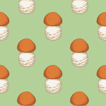 Seamless Vector Pattern with Boletus Edible Mushroom on Green Backgroundのイラスト素材