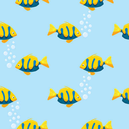 Seamless Pattern with Yellow and Blue Smiling Exotic Fish in Flat Style. Blue Backgroundのイラスト素材
