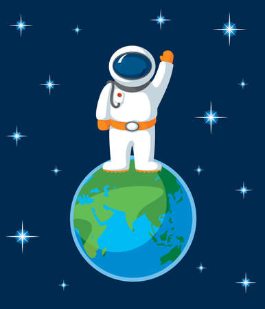 Spaceman and Earth with Stars in Flat Style. Hand Raised in Greetingのイラスト素材