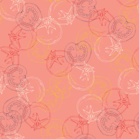 Seamless Pattern with Red, Yellow, Purple, White Contours of Tomatoes on Coral Backgroundのイラスト素材