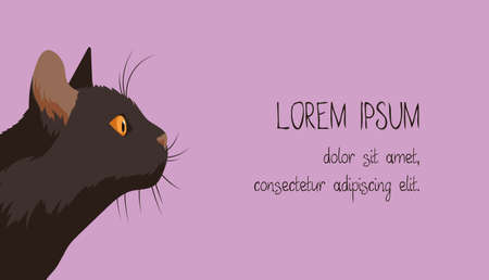 Business Cards Template with Profile Portrait of a Black Cat on a Purple Background. Flat Style Illustrationのイラスト素材