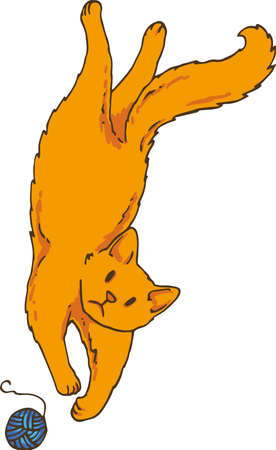 Cat Catches Yarn Ball. Vector Isolated Character on White Backgroundのイラスト素材
