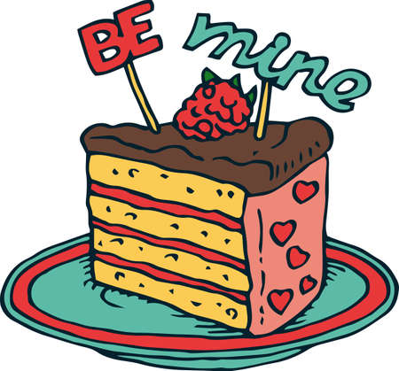 Piece of Valentine Cake with Raspberry. Vector Illustration Isolated on White Background