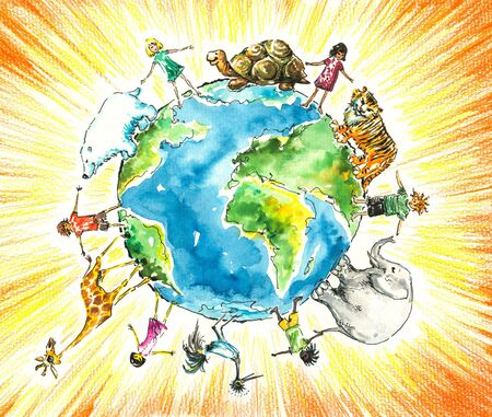 Children and animals watercolor painted.の写真素材