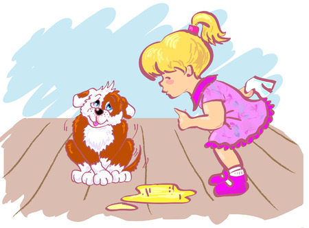 Girl training her puppy which made pee in room. のイラスト素材