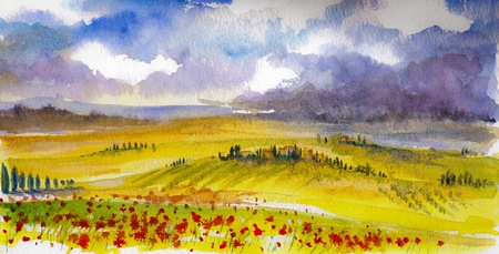 Country landscape with typical Tuscan hills in Italy. Watercolors painting.の写真素材