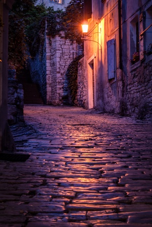 Old paved street at night -Pula ,Croatiaの写真素材