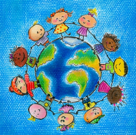 Children of different races hugging the planet Earth  Picture created with colored pencilsの写真素材