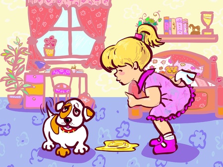 Girl training her puppy which made pee in room のイラスト素材