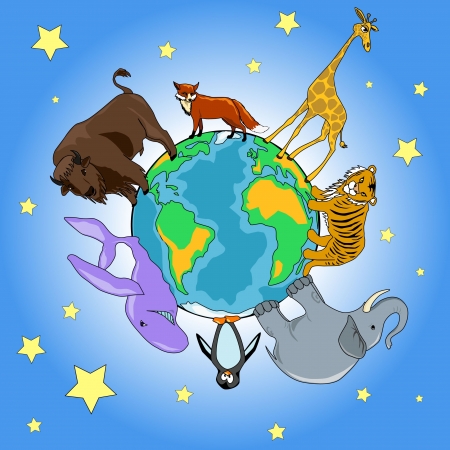 Illustration of animals around planet Earth のイラスト素材