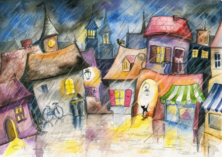 Small town at rain Picture created with watercolors の写真素材