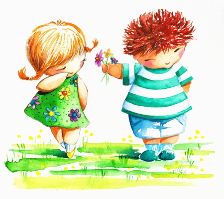 Cute boy giving to a shy girl flowers Picture created with watercolors の写真素材