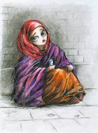 A poor little girl sitting on the street Picture created with colored pencils  の写真素材