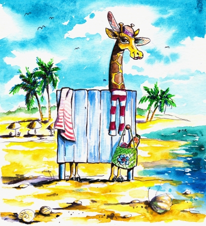 Giraffe in dressing room on the beach Picture created with watercolors  の写真素材