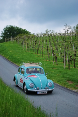 GAMLITZ, AUSTRIA - APRIL 30: An unidentified driver in a 1960 VW Beetle participates in a rally for vintage cars "Suedsteiermark Classic" on April 30, 2011 in Gamlitz, Austria. のeditorial素材