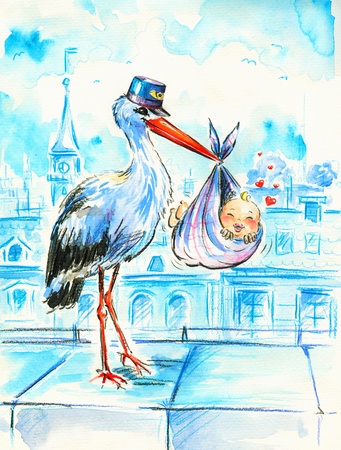 Stork delivering sweet baby to city Picture I have created myself with watercolors の写真素材