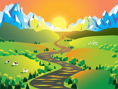 Landscape with fields ,river and mountains at sunset Vector illustration  のイラスト素材