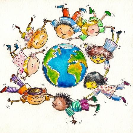 Children of different races flying together around Earth Picture created with watercolors の写真素材