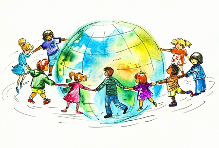 Children of different races hugging the planet Earth  I have created it myself with watercolorsの写真素材